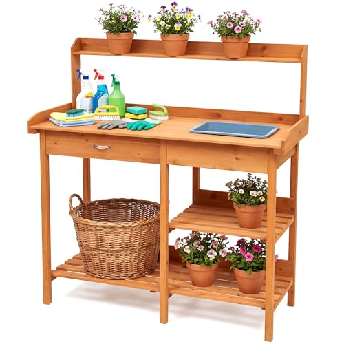 Garden Potting Table with Removable Sink Drawer Sturdy Wooden Potting Bench Outdoor Workstation with Storage Shelf for Gardening Patio Balcony 110x41x121cm