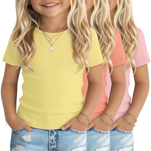 LessonZoo 3 Pcs Toddler Girls Shirts 90% Cotton Ribbed Crew Neck Short Sleeve Fitted Tops Basic Casual Cute Tee(Soft Pink Orange Yellow 2T)