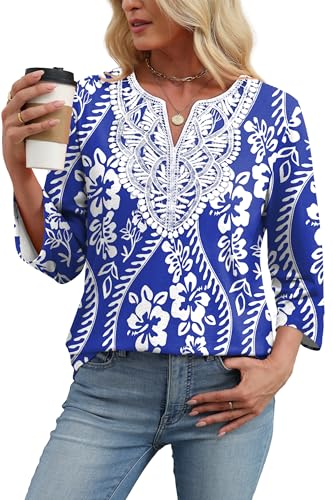 Image of WIHOLL 3 /4 Length Sleeve Womens Tops Boho V Neck Lace Shirt Trendy Blouses Dressy Casual Vacation Clothes S-3XL
