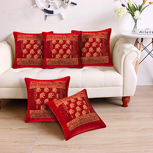 Image of Silk Elephant Printed Red Color Pillow Cover | Jaipuri Traditional Silk Cushion Cover (16 x 16 Inch) | Set of 5