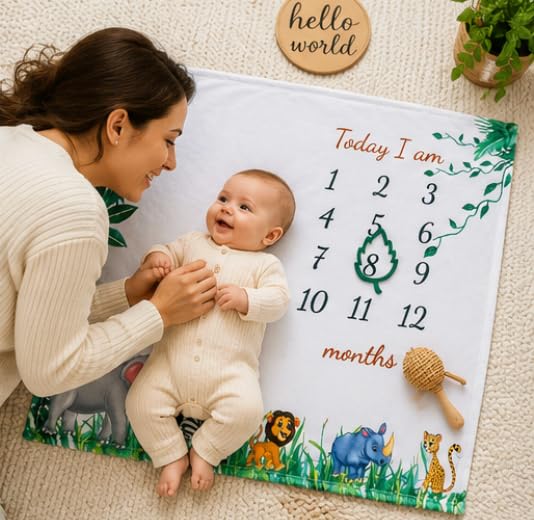 Image of vmaisi Baby Milestone Blanket for Boy - Newborn Monthly Photo Prop Gift | Cute Green Animal Print - Spacious 100x80cm for Swaddling