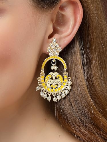 Image of Karatcart Gold Plated Yellow Meena Dangler Earrings for Women