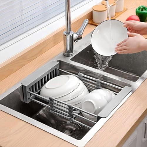 Adjustable Dish Rack Expandable Drying Basket for Sink Stainless SteelShelf for Draining Fruits Vetables and Dishes