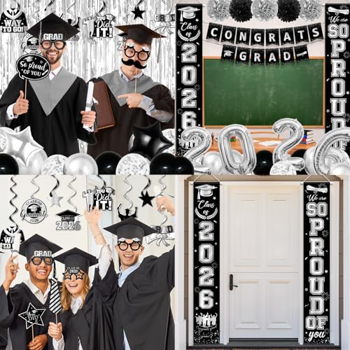 Image of Black and Silver Graduation Decorations, Graduation Decorations with Congrats Grad Banner Fringe Foil Curtain 2026 Balloons Graduation Photo Props for Silver Graduation Decorations Class of 2026