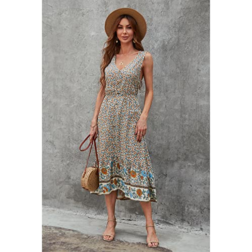 Image of BROVAVE Women Summer Bohemian Floral Print V Neck Sleeveless Sundress Flowy Casual Midi Dress