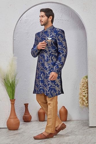 Image of Indian Designer Wedding Festive Wear Jacquard Indo-Western Sherwani Pajama Set For Men