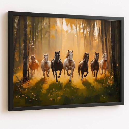 Image of HOTHOUSE 7 Horses Vastu Frame Wall Art Painting for Living Room Bedroom Office Home Decor | Seven Running Vastu Lucky Horse Rising Sun Painting Wall Decor Size (10X13 inch)