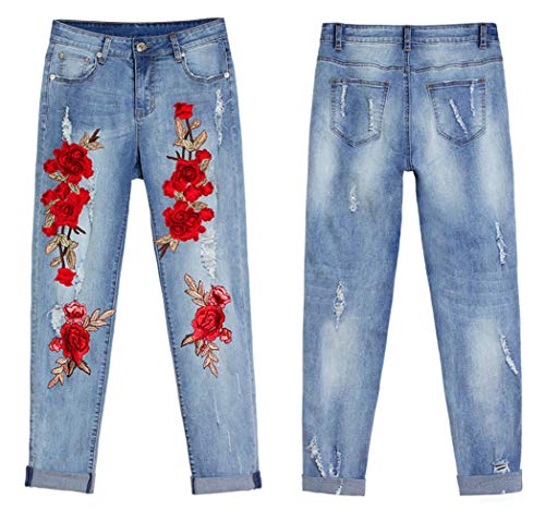 GGUHHU Womens Stylish Floral Embroidery Patchwork Tapered-Leg Ripped Jeans Capris Pants3
