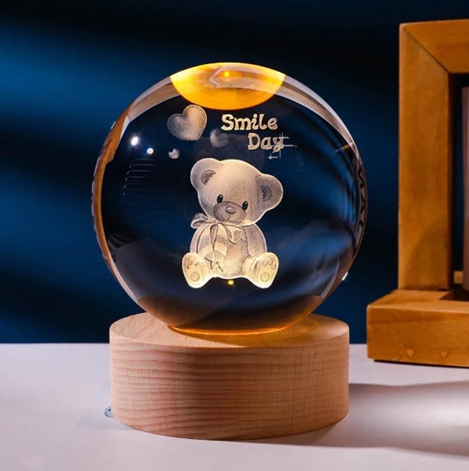 Image of STARKENDY 3D Smile Day Crystal Ball LED Night Lamp, Creative Engraved Night Light Wooden Base, Warm White Decorative Table Lamp for Home, Office, Bedroom, Birthday Gift