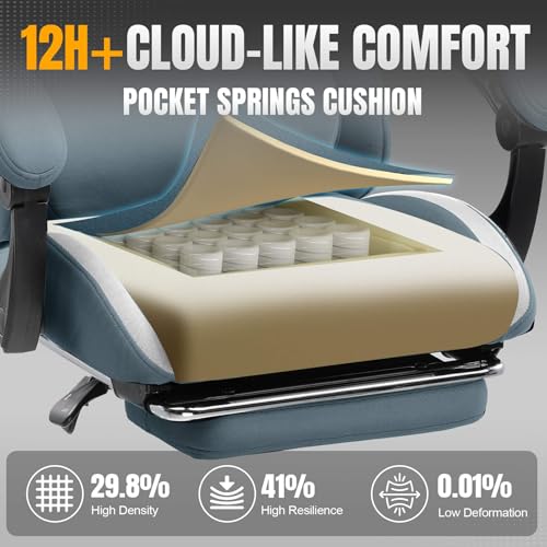 GTRACING Gaming Chair with Foot Rest & Pocket Spring Cushion, Breathable Fabric for Home Office Desk, Ergonomic High Back Computer Chair with Headrest & Lumbar Support, Blue