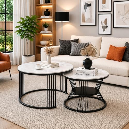 Image of Roldo Modern Nesting Coffee Table Set of 2 for Living Room, Round Coffee & Side Table with Metal Frame and Marble Finish MDF Top, Center Table for Sofa, Home Decor Office & Apartment (Black White)