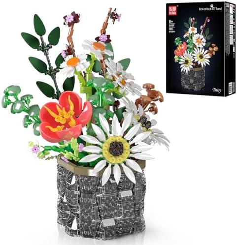 Mould King 24107 Blumen-Baustein-Set (mit Vase) | Sonnenblumen, Tulpen und Gänseblümchen | Künstliche Blumen DIY-Modell, kreative Serie für künstliche Pflanzenstrauß-Bastelsets 115