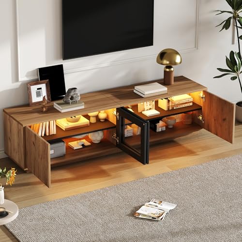 Mueble de TV con aspecto de madera, 180 cm, con iluminación LED y puertas de cristal, moderna TV para televisores de hasta 75 pulgadas, mesa de televisión con mucho espacio para el salón