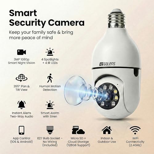 Image of Golens WC10K 1296P WiFi Bulb Security Camera, 360 PTZ, AI Human Detection & Auto Tracking, Full Color Night Vision, 5X Zoom, Two-Way Audio, Motion Alerts, E27 Bulb CCTV Camera