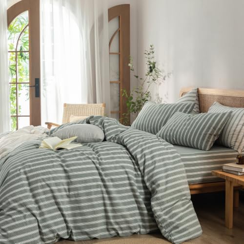 Image of BESTOUCH Striped Cotton Duvet Cover Set Linen Feel Alaska King | 100% Washed Cotton, Soft Wrinkle Texture, Hidden Zipper, 8 Ties, Breathable Lightweight Durable Comfy, 3 Pcs No Insert
