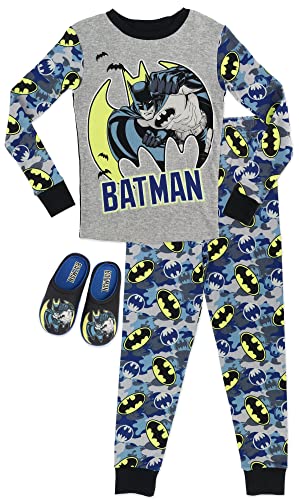 BATMAN Boys 2 Piece Pajama Set with Slippers, Size 4-10 Navy