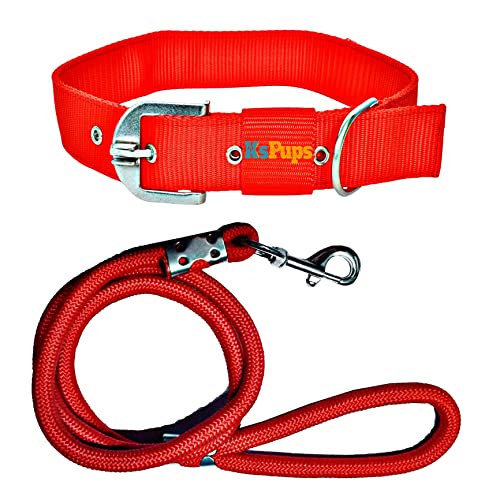 Image of Dog Export Quality Nylon Easy to Control Buckle Everyday Neck Collar Belt and Hand Weaved Durable Training Rope Leash Set (RED)