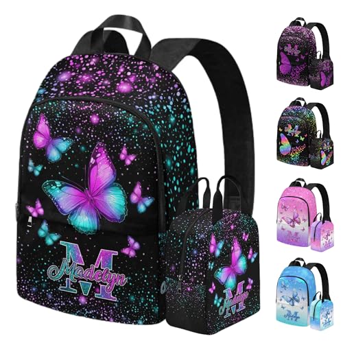 Custom School Backpack for Girls Rainbow Shining Butterfly Pattern Personalized Name Kids Bookbag and Lunch Bag Set, 4 in1 Elementary School Bookbag Girl Backpack for Back to School Season