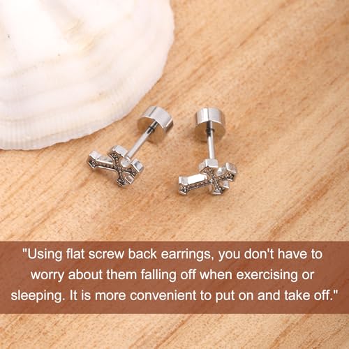 Titanium Steel Cross Flat Screw Back Small Stud Earrings Vintage Simple Cross Cartilage Earrings Christian Stylish Jewelry Faith Gift for Women Men (Silver)4