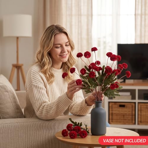 Artificial Fall Flowers Fake Silk Pompon Mums for Home, 6pcs Burgundy - image 6