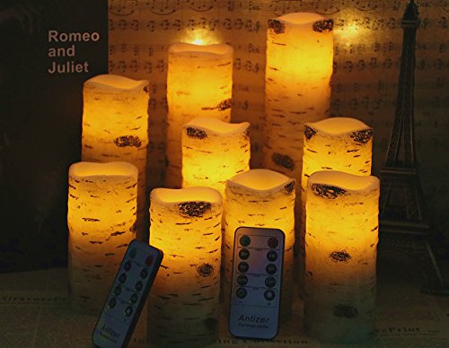 Image of antizer Flameless Candles Birch Bark Effect Battery Operated Candles 4 inch 5 inch 6 inch 7 inch 8 inch 9 inch Set of 9 Real Wax Pillar LED Candles Each Candle 2.2 inch Diameter with 10-Key Remote Control 2 /4 /6 /8 Hours Timer