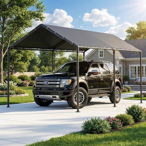 10x20ft Heavy Duty Carport Canopy, Portable Outdoor Garage Shelter, Waterproof UV Protected All Season Car Tent for Auto, Truck, SUV, Boat, Grey