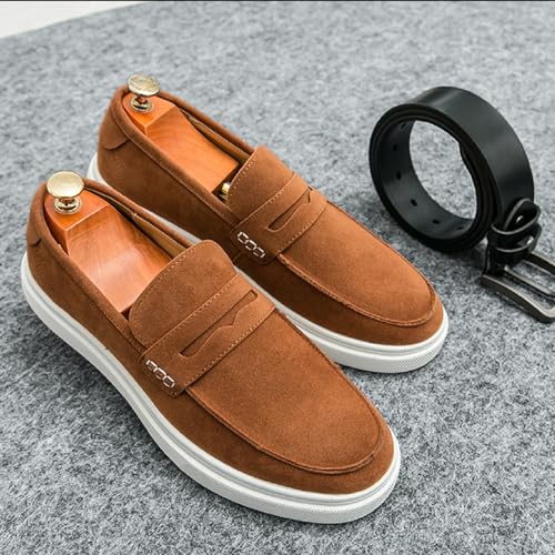 Men's Suede Leather Platform Penny Loafers Soft Comfortable Round Toe Flat Slip-On Business Casual Shoes for Outdoor Driving Walking Dress Shoes4