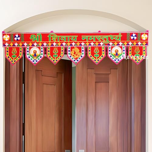 Image of CREYENTES Shree Shivay Namstubhyam Toran, Shiv Mantra,Traditional Door Hanging, 38 Inch Velvet Embroidered Toran, Red,Temple, Pooja Room, Diwali, All Festival