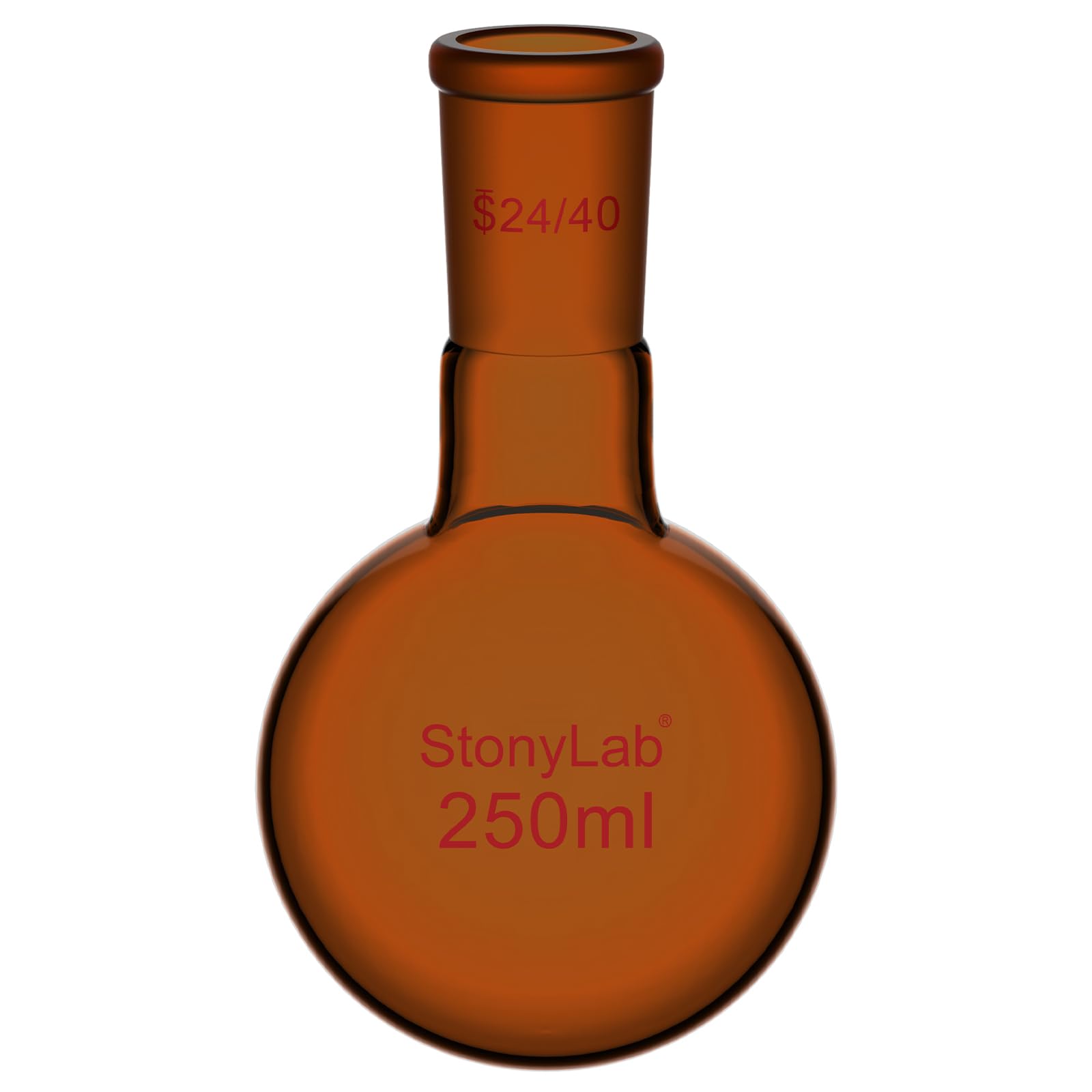 stonylab Matrazzo a Fondo Rotondo Marrone con Collo Singolo, Giunto Standard 24/40, Vetro Borosilicato Resistente al Calore e Chimica, Ideale per Riscaldamento e Distillazione, 250 ml