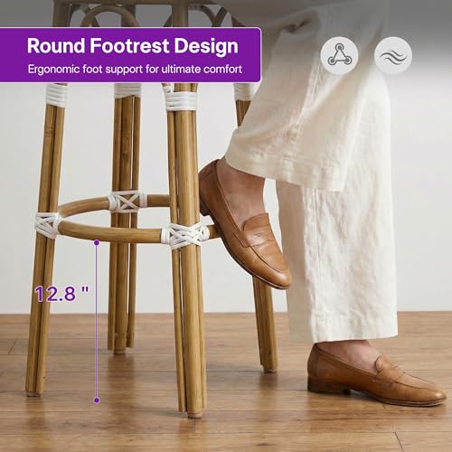 Image of PURPLE LEAF Outdoor Round Bar Height Stool Set of 2 Patio Backless Barstools Aluminum Frame in Bamboo Finish with White & Blue Woven Rattan for Indoor Kitchen Dining Bistros Cafe Restaurant