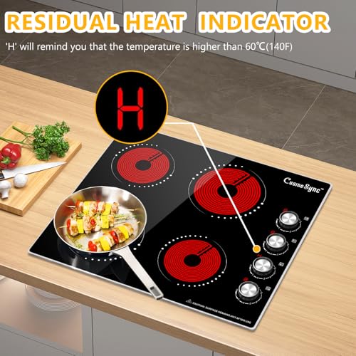 Image of 24 Inch Electric Cooktop, 4 Burner Ceramic Stove with 9 Power Levels, Knob Control, Auto shutdown and Residual Heat Warning, 6000W, 220-240V for Hard Wire