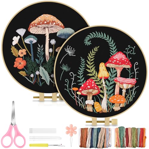 Image of TINDTOP Embroidery Kit for Adult Beginners, Embroidery DIY Starter Kit | 2 Pack with Mushroom Stamped Patterns, Hoop, Tools, Colorful Threads with Needles, Instructions