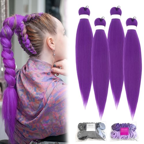 4 piezas de pelo púrpura para trenzar 66 cm pelo sintético para trenzar púrpura extensiones de cabello trenzado preestiradas adecuadas para escenario fiesta de Halloween