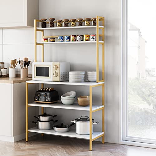 Hithos Industrial 5-Tier Kitchen Bakers Rack With Hutch, Microwave Oven Stand With Shelves, Kitchen Hutch With Storage, Coffee Bar For Living Room, Utility Storage Shelf For Home Office, White+Gold #TOP6