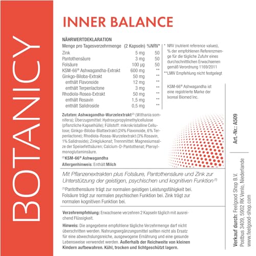 BOTANICY Inner Balance - 60 Ashwagandha Kapseln mit BIO KSM-66 - Alternative zu Anti Stress Tabletten - Indische Schlafbeere, Ginkgo Biloba, Rosenwurz, Vitamin B5 und B9 plus Zink - Laborgeprüft
