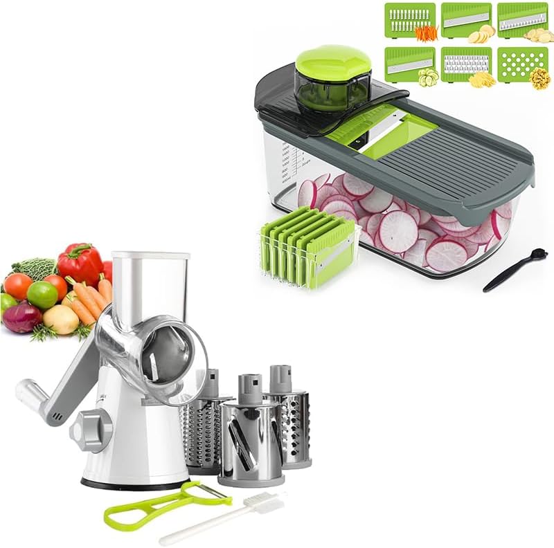 Ourokhome Rebanadora de verduras de mandolina, trituradora multifuncional de verduras 6 en 1 con contenedor, rallador de queso giratorio con