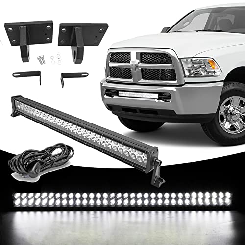 WeiSen 32  180W Straight LED Bumper Light Bar & Lower Grille Mount Brackets Kit w Heavy Duty Tow Hooks Compatible with 2010-2020 RAM 2500 3500 4500 4th Gen w Wiring Harness