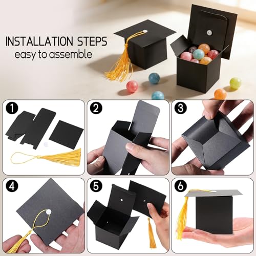 Image of 100Pcs Graduation Cap Gift Boxes, Graduation Candy Box with Graduation Stickers, Black Grad Cap Treat Cake Chocolate Biscuit Card Box Yellow Tassel, Graduation Decorations for Graduation Ceremony Party (100Pcs, Graduation Boxs with Graduation Stickers)