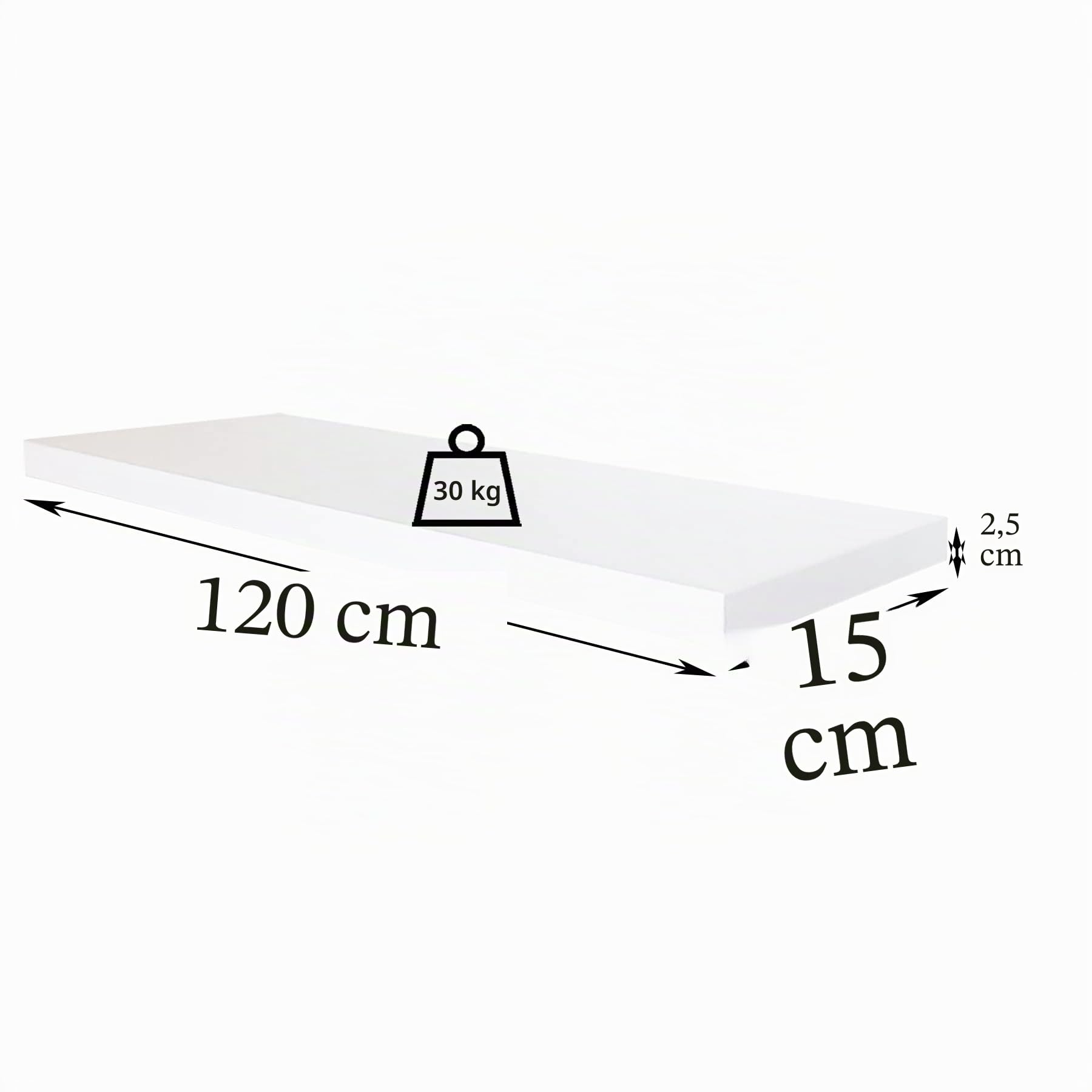 Henor étagère Murale en Bois 120 x 15 x 2.5 cm – Tablette Flottante réglable horizontalement, verticalement et en Inclinaison – Jusqu’à 30 kg – Blanc