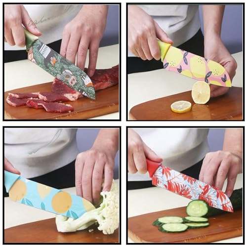 Image of Chef's Knife, High Carbon Stainless Steel Multicolored Kitchen Knife Nonstick Color Printed with Blade Guard, 6.8 Inch (Carmine)