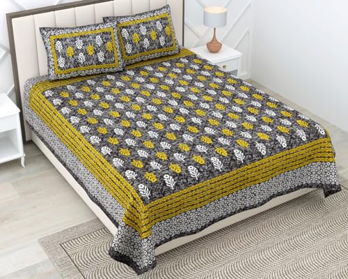 Image of RajasthaniKart Pure 100% Cotton Double Bed Sheet with 2 Pillow Covers (Bedsheet for Double Bed Cotton, Grey Small Booty Jaipuri, King Size,5301)| H603 | 144 TC