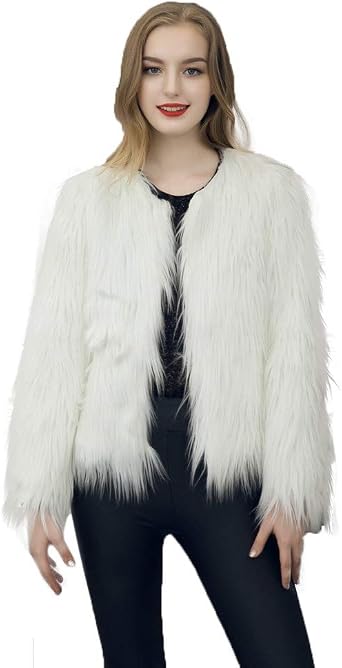 Dikoaina Womens Solid Color Shaggy Faux Fur Coat Jacket