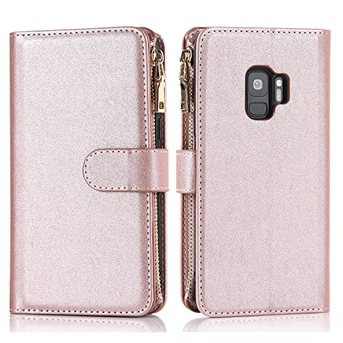 Hamany Samsung Galaxy S9 Zipper Wallet Case - Case With 6 Card Holder - [Lanyard + Kickstand] For Women And Men - Galaxy S9 Flip Cell Phone Case - Faux Leather - Folio Cover - Rose Gold #TOP6