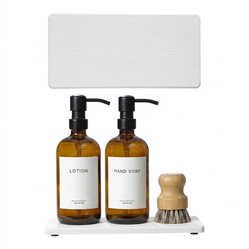 2PCS 10"x 5" Large Bathroom Sink Vanity Trays, Water Absorbing Diatomite Stone Quick Drying Mat for Kitchen Counter, Dish Rack Dispensers Sponge Holder Caddy Organizer, White, 10"x 5"