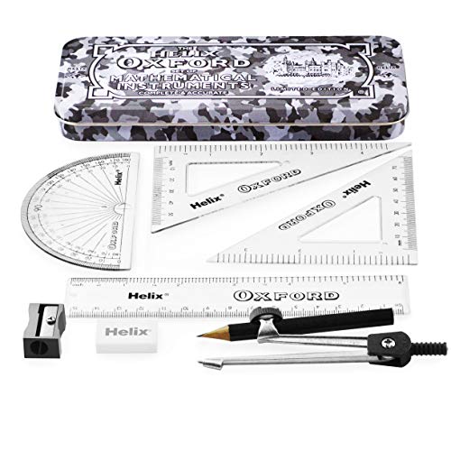 Helix Oxford Camo Maths Set - 9 Piece Set - Set Squares, Protractor, Ruler, Eraser, Sharpener, Compass and Pencil - Limited Edition