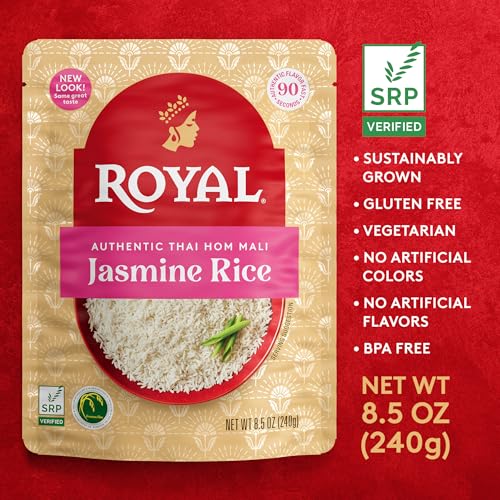 Royal Authentic Thai Hom Mali White Jasmine Rice - Microwave Rice - Dinner Side Dish - (4 Pack) 8.5 oz Pouch