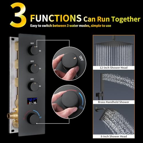 AYIVG-Dual-Rainfall-Shower-System-Matte-Black-Rain-Shower-System-Ceiling-Mounted-3-Function-Luxury-12Inch-8Inch-Shower-Head-with-Handheld-Spray-Temperature-Digital-Display-Shower-Mixer-Combo-Set
