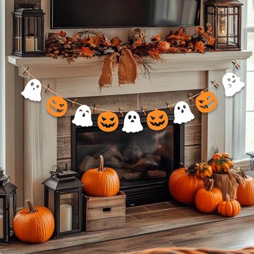 Halloween Garland -5FT Felt Pumpkin Ghost Garland with Wood Beads for Halloween Decorations Cute Indoor Banner for Home Party Fireplace Mantle (Orange White)
