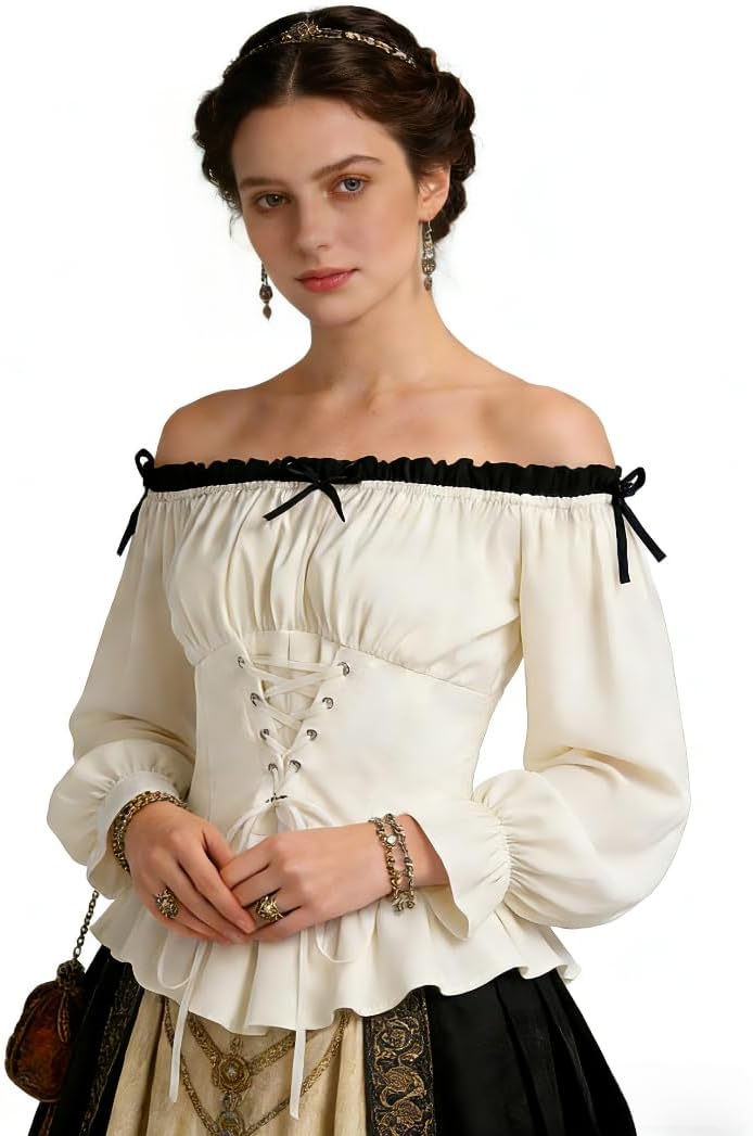 Renaissance Shirt Women, Pirate Costume Cosplay Off Shoulder Long Sleeve Top Breathable Stretchy Peasant Blouses