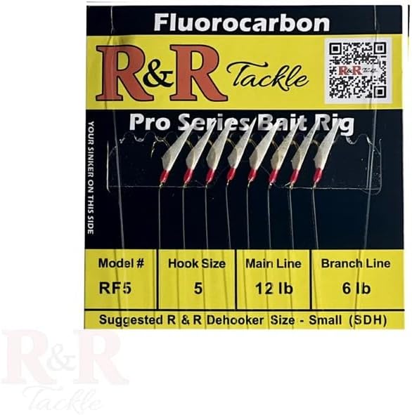 RF5-10 pk Fluorocarbon Pro Series Bait Rig – 8 Size 5 Red Head Hooks – 12lb Main Line & 6lb Branch Lines – Sabiki Rig for Pilchards, Sardines & Herring – Saltwater Bait Catching Rig